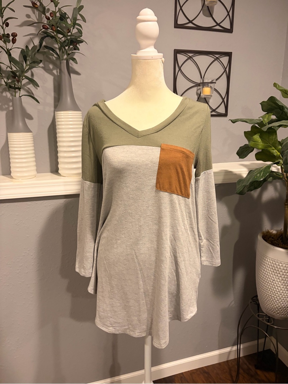 Zenana Outfitters Olive, Gray & Tan Colorblock V-Neck Tunic